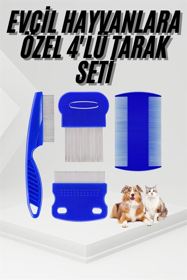 4'lü Bit Pire Tarağı Set Kedi Köpek Evcil Hayvan Tüy Toplayıcı Mavi