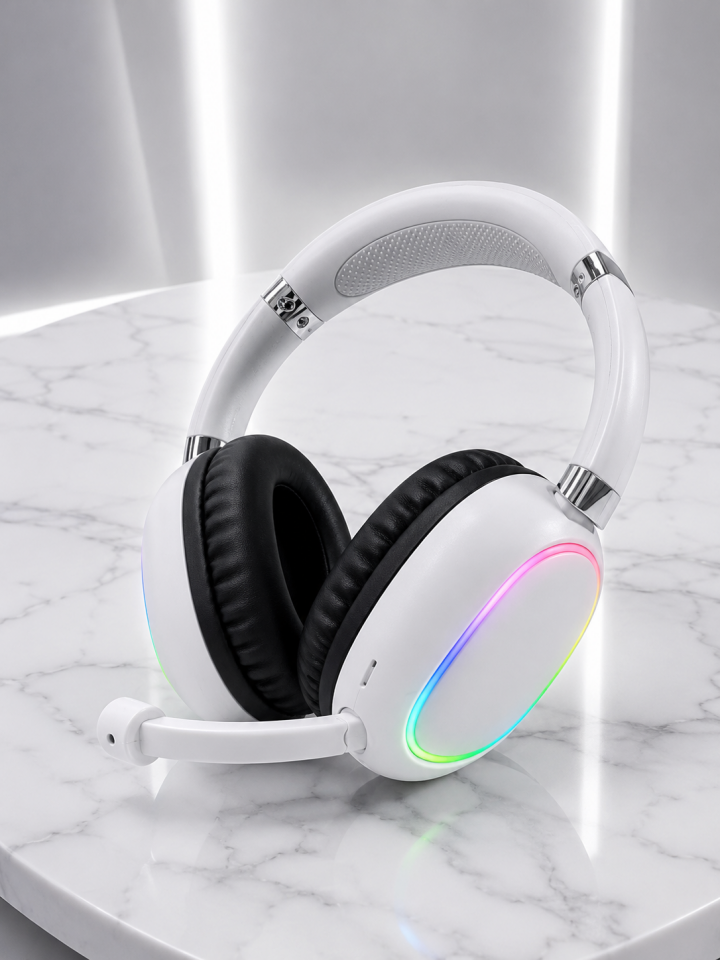 Bluetooth 5.0 Beyaz Kulak Üstü Kablosuz Kulaklık Mikrofonlu RGB Aydınlatmalı