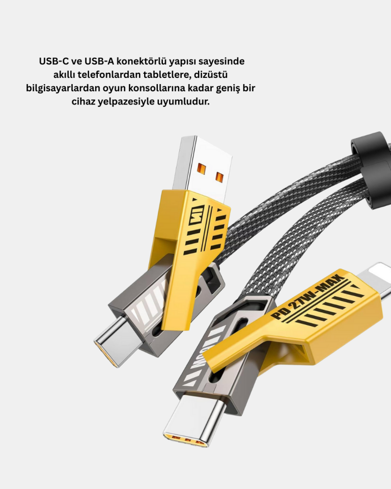 65W 4’ü 1 Arada Örgülü Hızlı Şarj Kablosu USB-C USB-A Çoklu Şarj Dayanıklı