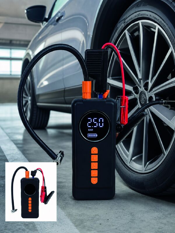 Dijital Lastik Şişirme Kompresörü Akü Takviye Powerbank LED Aydınlatmalı Acil Durum Cihazı