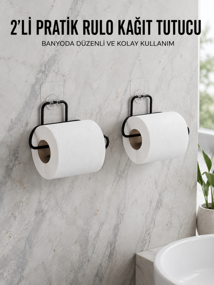 2 Adet Siyah Yapışkanlı Kağıtlık Duvar Tipi Tuvalet Kağıdı ve Rulo Tutucu