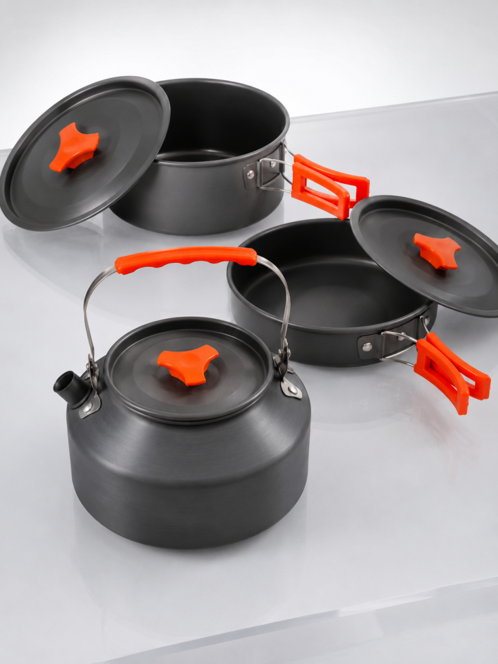 Kompakt Kamp Yemek Seti Alüminyum Tencere Tava Çaydanlık Taşıma Fileli Outdoor Set