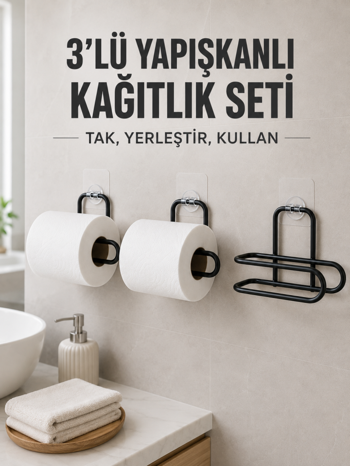 3’lü Siyah Duvar Tipi Kağıtlık Seti Yapışkanlı Pratik Rulo Tutucu