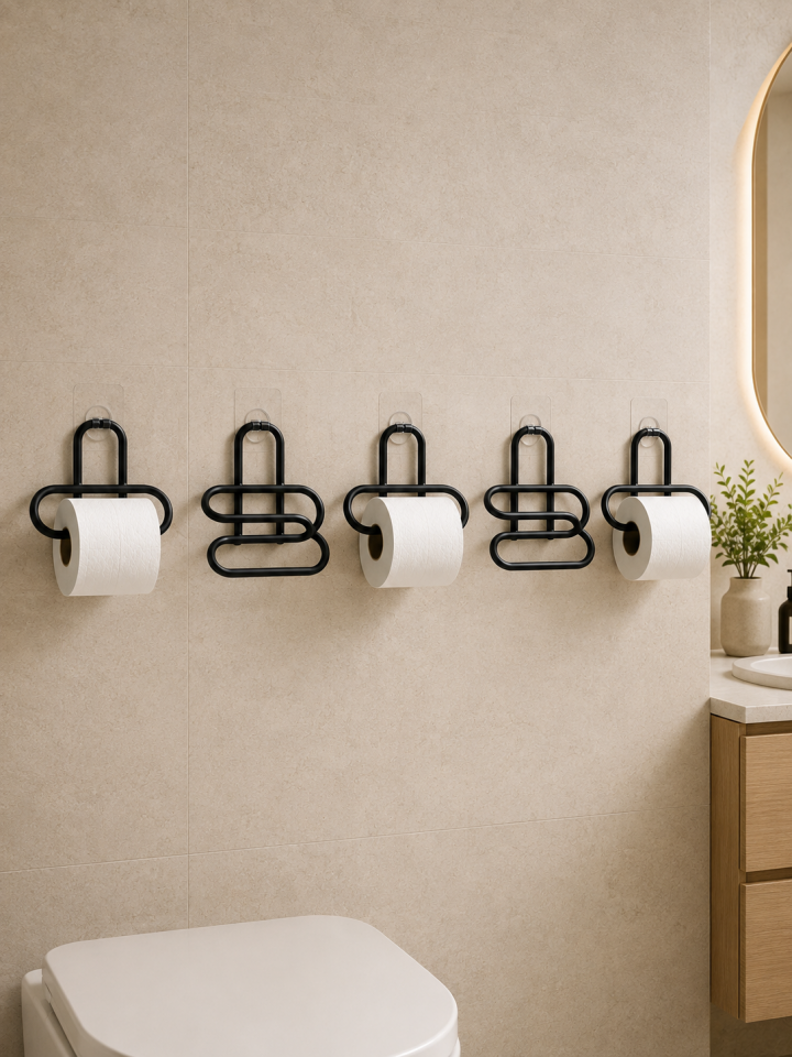 5 Adet Duvara Yapışkanlı WC Kağıtlık Delmeden Montaj Siyah Metal Tuvalet Kağıdı Askısı