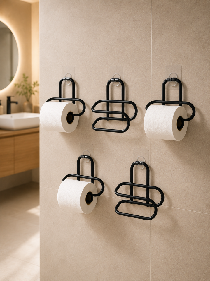 Delmeden Monte Tuvalet Kağıdı Askısı Siyah Metal Yapışkanlı Banyo Kağıtlığı 5’li Set