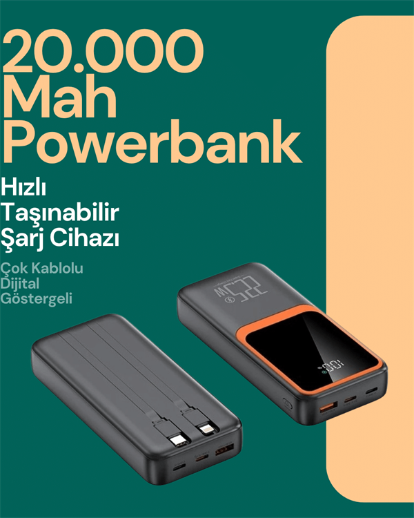 Taşınabilir Şarj Cihazı 20000 mAh | 22.5W Hızlı Şarj + Dijital Ekran + Kablo Dahil
