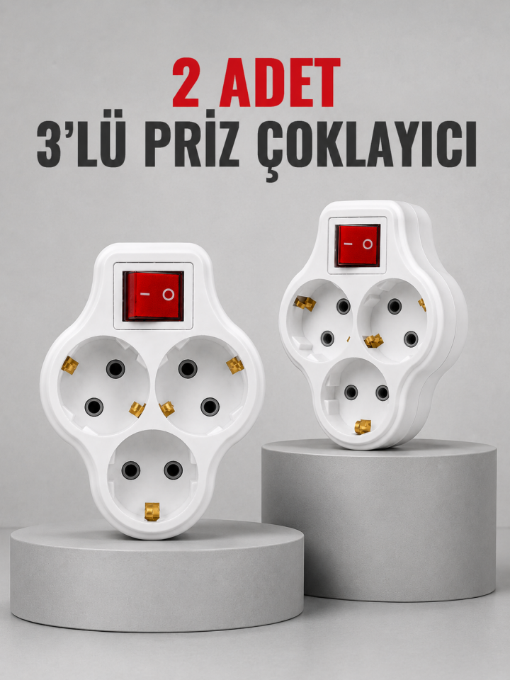 Direkt Duvar Prizine Takılan 3’lü Priz Adaptörü Anahtarlı Priz Çoklayıcı 2 Adet