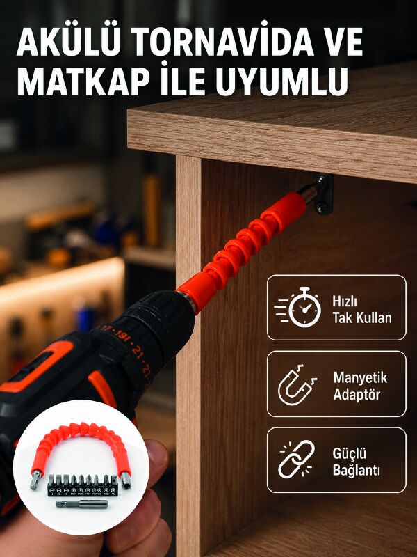Esnek Bits Uç Seti 12 Parça Manyetik Adaptörlü Matkap Tornavida Aksesuarı