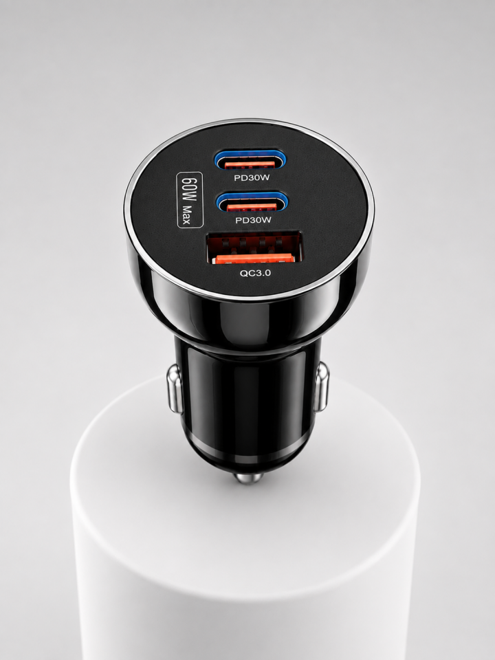 60W Araç Şarj Cihazı Çift Type-C PD ve USB QC3.0 Hızlı Şarj Adaptörü