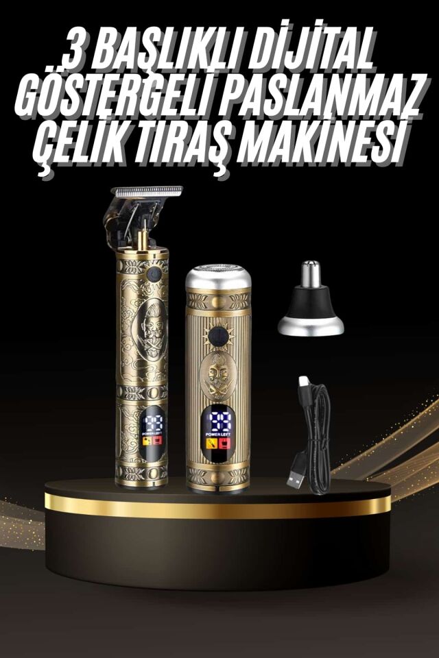 Tıraş Makinesi Pro 3 Başlıklı Dijital Göstergeli Saç Sakal Kulak ve Burun