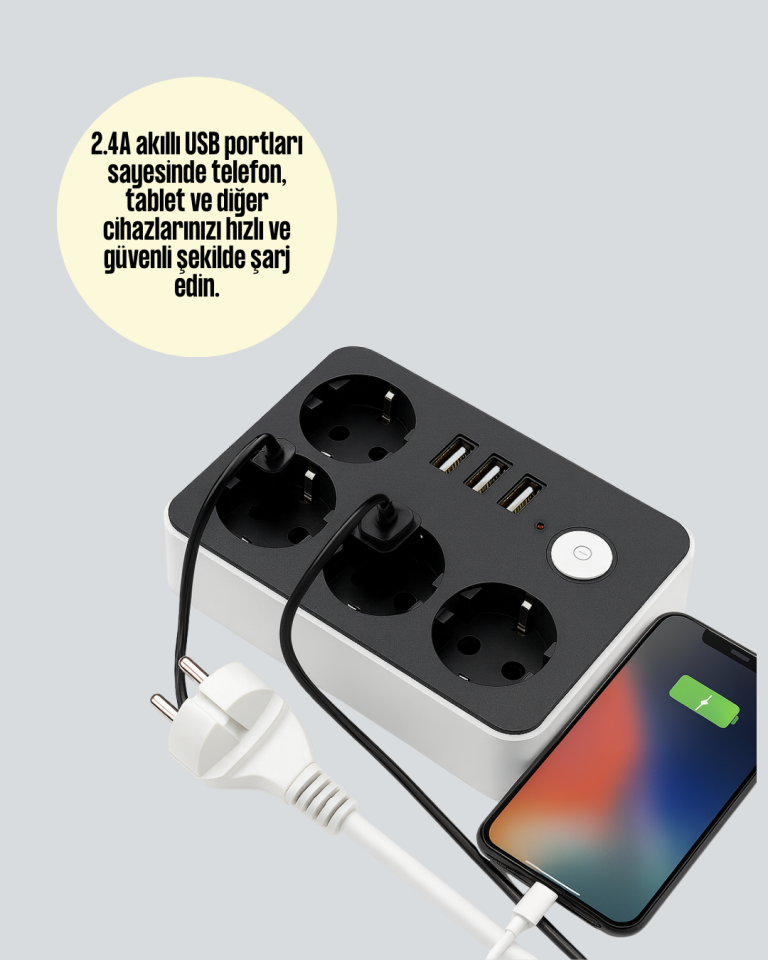 4 Prizli 3 USB Portlu Anahtarlı Akım Korumalı Priz