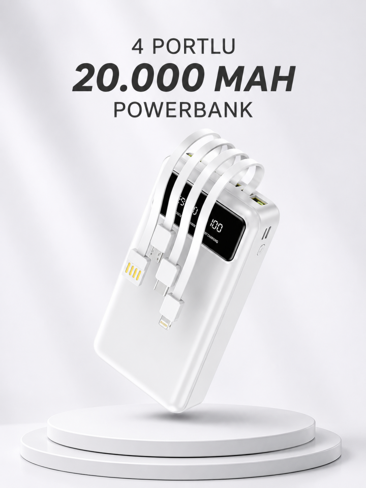 Powerbank Şarj Cihazı 4 Çıkışlı 20.000 MAH Powerbank Kompakt Yüksek Kapasiteli Hızlı Şarj