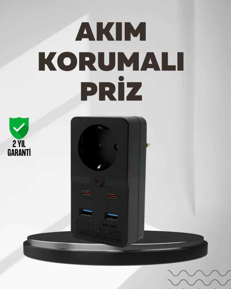 Tip Akım Koruma Prizi 10A 2500W USB Type C Destekli