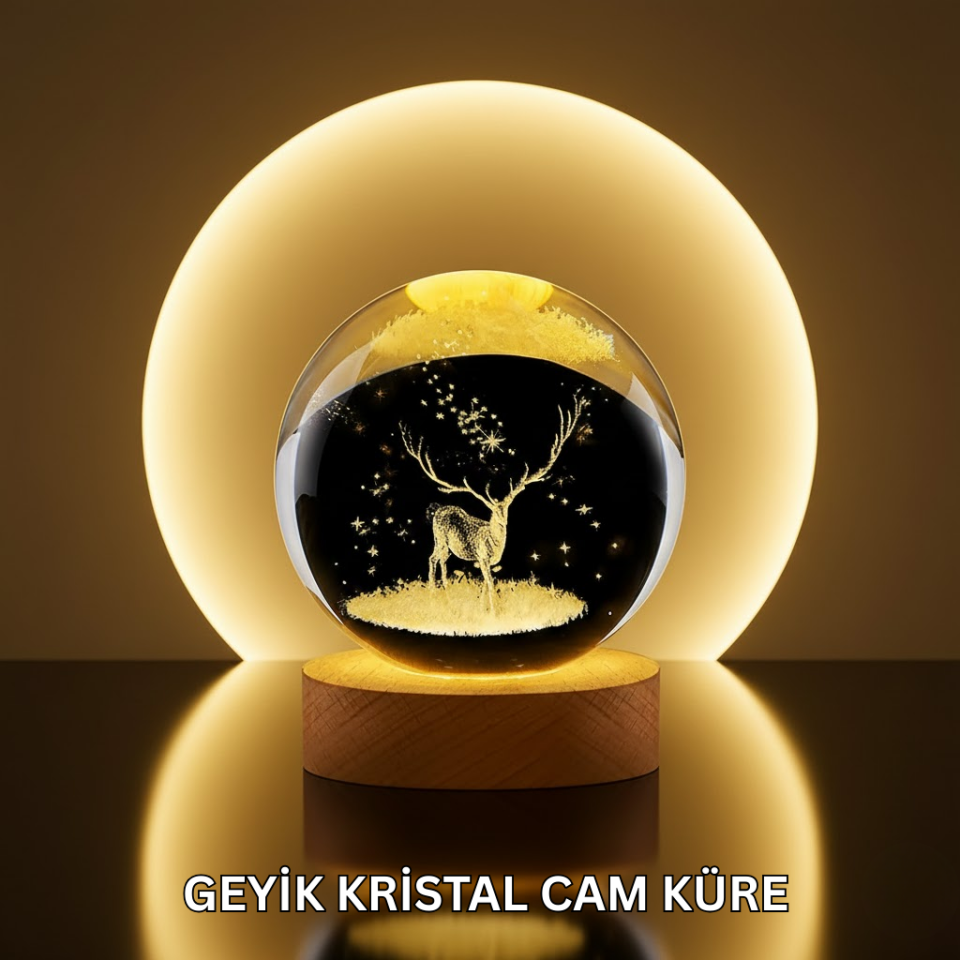 Doğal Ahşap Standlı Geyik Figürlü Kristal Küre LED Dekoratif Lamba