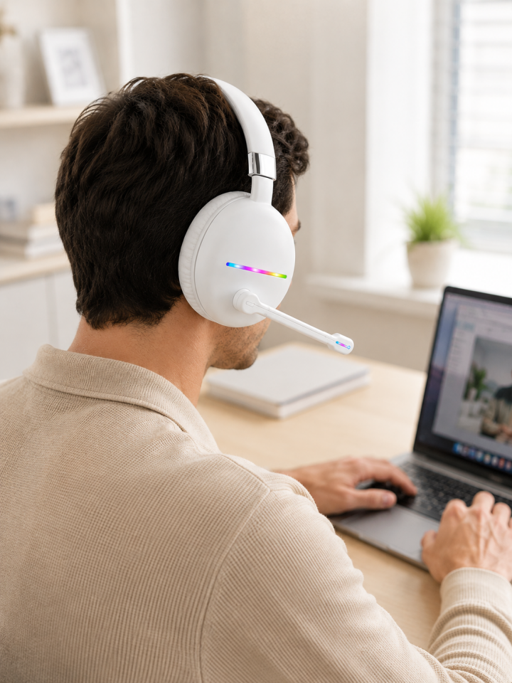 RGB Işıklı Mikrofonlu Bluetooth Kulaklık Beyaz Over-Ear Tasarım Type-C Şarjlı