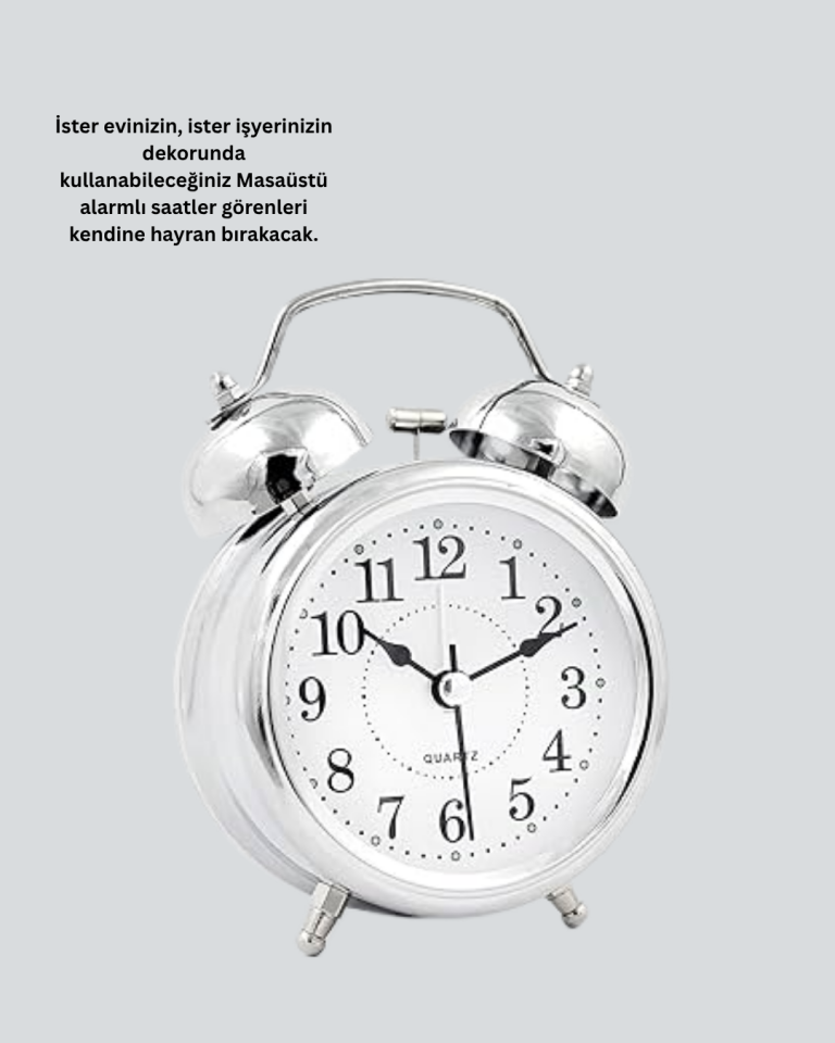 Gümüş Renkli Sessiz Işıklı Dekoratif Masa Üstü Çalar Saat Alarmlı