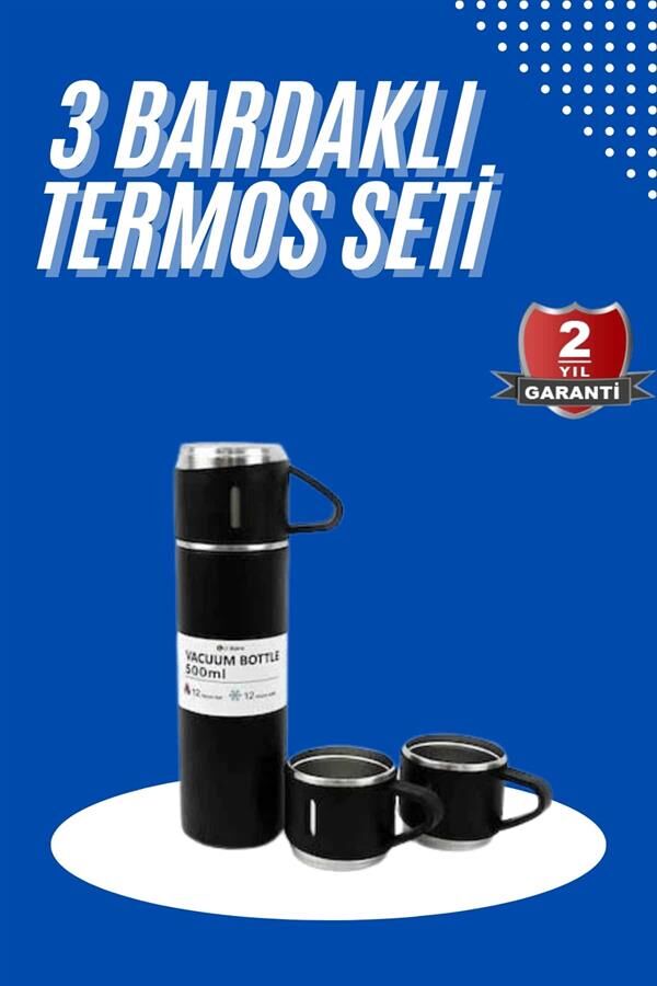 Termos Seti 3'lü Bardak Seti Isı Dayanıklı Siyah Paslanmaz Çelik Vakumlu